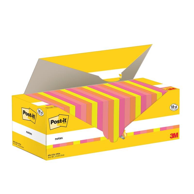 V otvorenej žltej krabičke Post-it® Notes od 3M Deutschland GmbH (76 mm x 76 mm, 100 listov/blok, 100% PEFC) sa nachádzajú pruhované ružové, žlté a oranžové lepiace poznámky. Dizajn umožňuje ľahké vyberanie lístkov.
