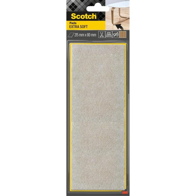 Zobrazené je balenie Scotch® Extra mäkkých filcových podložiek, samolepiace, béžové (215 mm x 80 mm) od 3M Deutschland GmbH v čierno-žltom originálnom balení s nohou stola, na ktorej je vpravo hore zobrazená podložka.