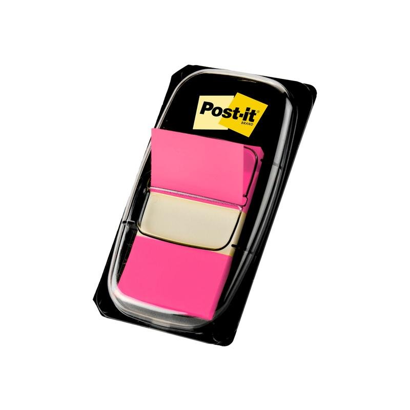 Balenie 3M Deutschland GmbH Post-it® Index lepiacich štítkov, štandard (25,4 mm x 43,2 mm), 50 kusov v dávkovači s jasne ružovými vlajočkami a žltým logom Post-it na štítku.