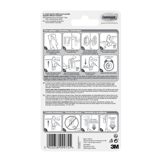 Die Rückseite einer Command™ Kleider-Haken, 17019-FGN-Verpackung der 3M Deutschland GmbH zeigt eine bebilderte Schritt-für-Schritt-Anleitung für die Wandbefestigung ohne Bohren, Warnhinweise, Produktdetails, den Barcode und den 3M Schriftzug in schwarz-weiß.