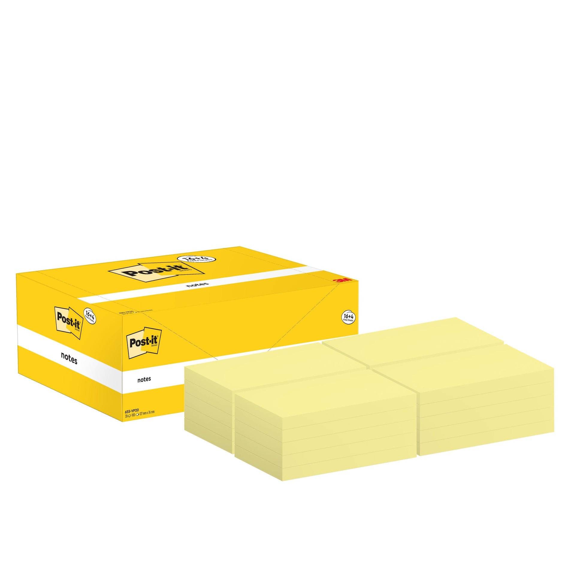 Eine gelbe Post-it® Notes Box der 3M Deutschland GmbH steht neben mehreren Stapeln gelber Haftnotizen im Format 76 x 127 mm (100 Blatt/Block, 16 Blöcke + 4 frei, PEFC-zertifiziert), die auf weißem Hintergrund angeordnet sind.