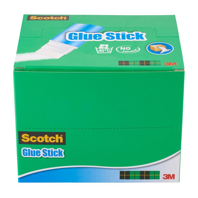 Zelená škatuľa s nápisom "Scotch® Permanent-Klebestift" od 3M Deutschland GmbH obsahuje 20 x 21g lepidiel. Škatuľa zobrazuje logo Scotch a 3M, symboly pre teplotný limit 40°C, bez obsahu rozpúšťadiel a vhodnosť pre papier.