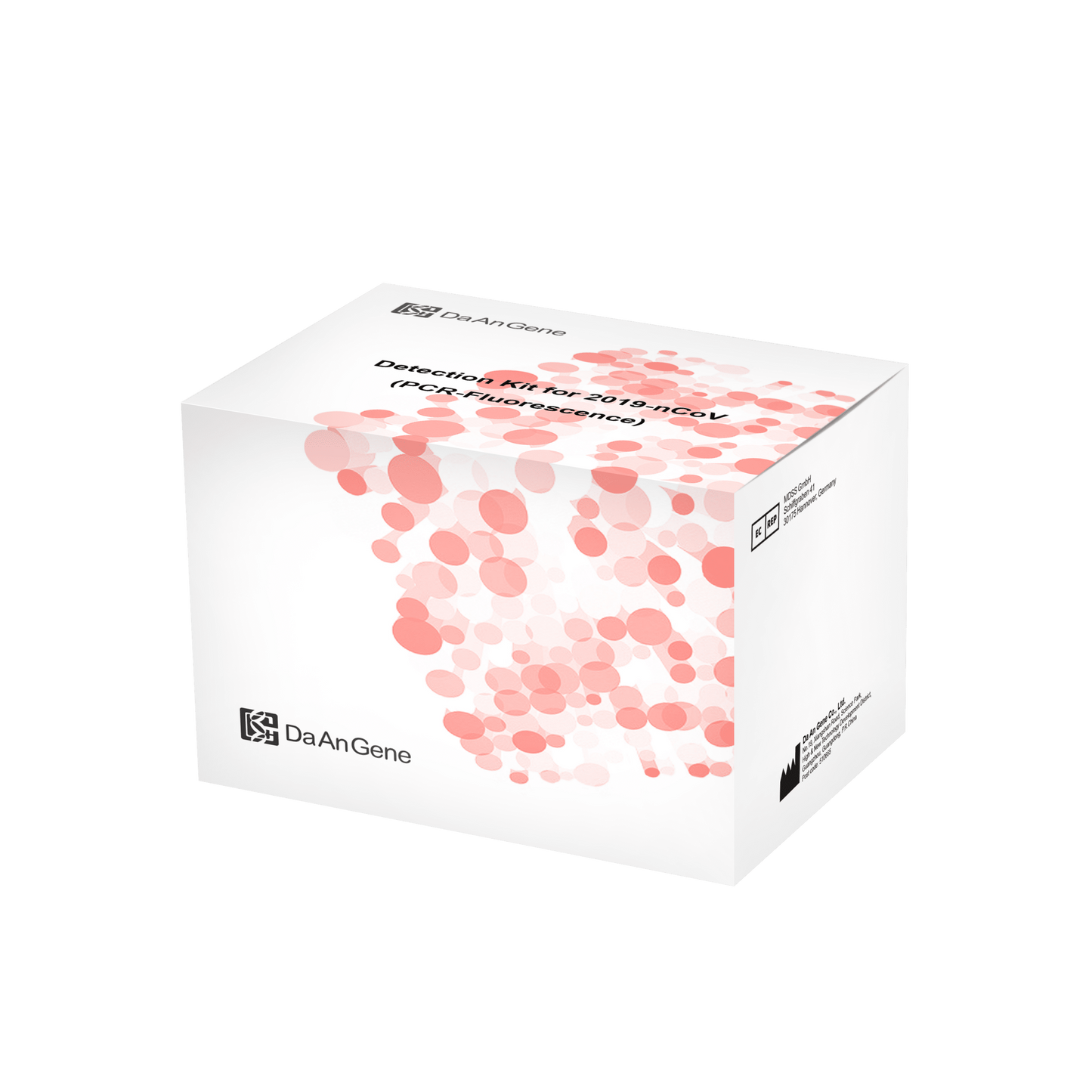 Auf grünem Untergrund ist eine weiße Verpackungsschachtel für das „Nachweis-Set (PCR-Fluoreszenz) DaAn Gendiagnostik-Kit für 2019-ncov“ mit 96 Tests abgebildet, geziert mit dem Schriftzug „Altruan“.