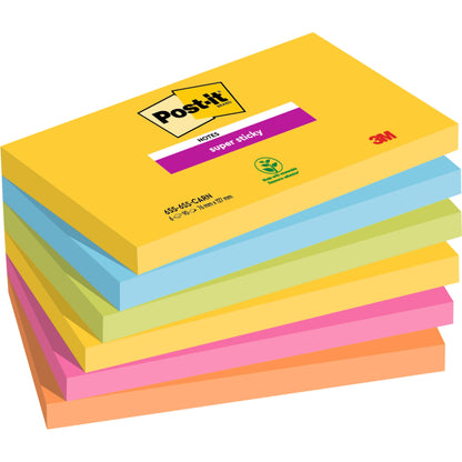 Ein Stapel von sechs 3M Post-it® Super Sticky Notes (76 mm x 127 mm, 90 Blatt/Block, 100% PEFC) in den Farben gelb, grün, blau, lila, pink und orange; das gelbe Deckblatt zeigt das Logo und Produktdetails.