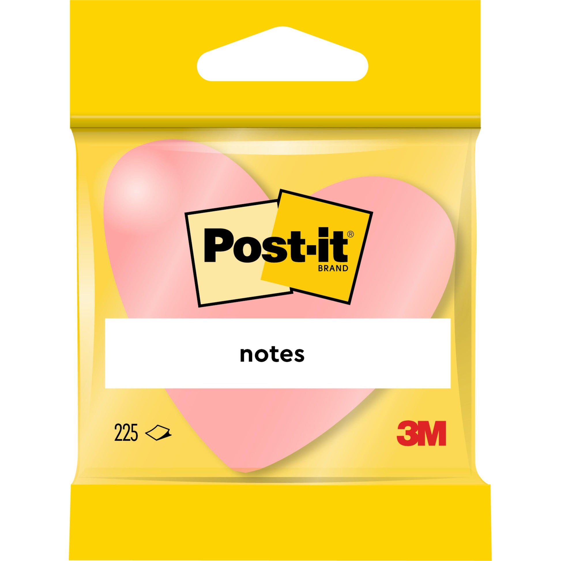 Eine Packung 3M Post-it® Notes enthält herzförmige, rosafarbene Haftnotizen (70x70mm, 225 Blatt) in einer gelben Verpackung mit dem Post-it-Logo. 100% PEFC-zertifiziert, 1 Block pro Packung.