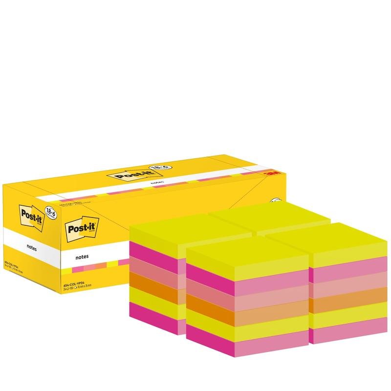 Zobrazená je žltá škatuľka Post-it® Notes od 3M Deutschland GmbH (76 mm x 76 mm, 100 listov/blok, 100% PEFC) so šiestimi stohmi štvorcových lepiacich poznámok vo farbách žltá, oranžová a ružová, ktoré sú striedavo uložené na sebe.