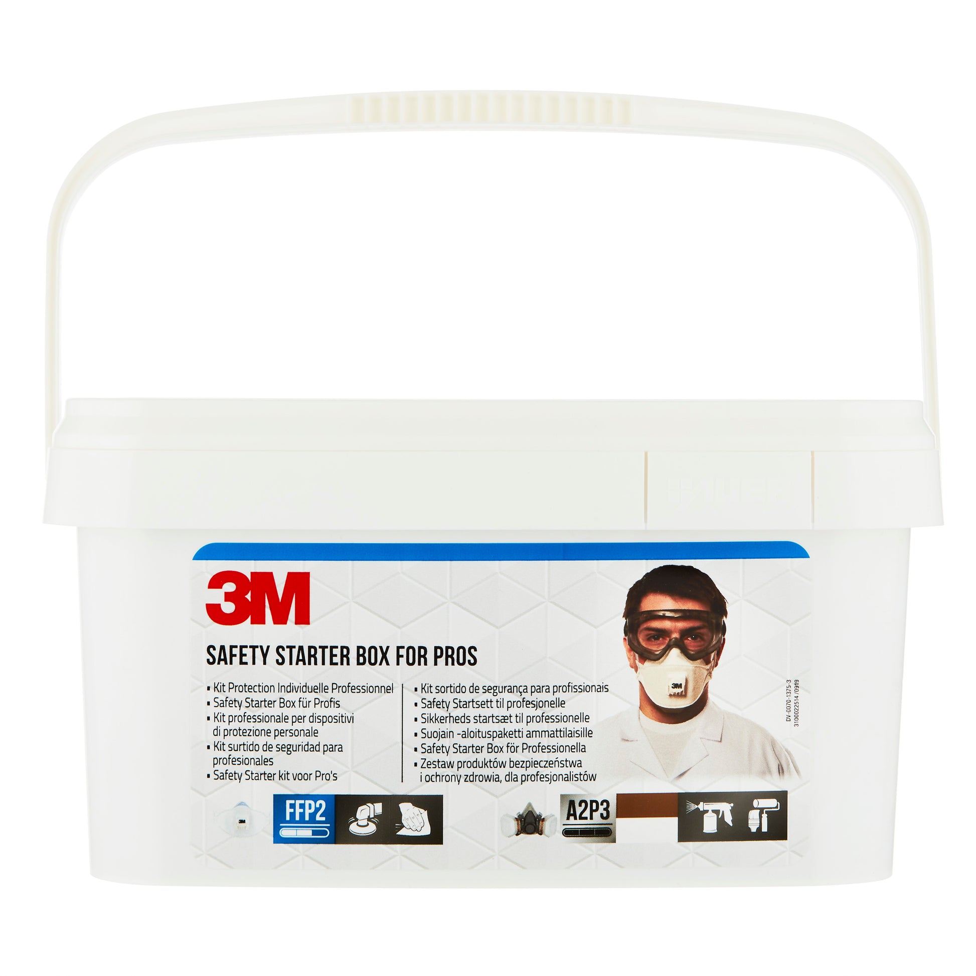 Ein weißer Kunststoffbehälter mit Griff, beschriftet mit "3M™ Arbeitsschutz-Starter-Box für Profis 1000MCWE" von 3M Deutschland GmbH, zeigt Abbildungen von Schutzbrillen und -masken sowie Symbole und Texte zu Atem-, Augen- und Gehörschutz.
