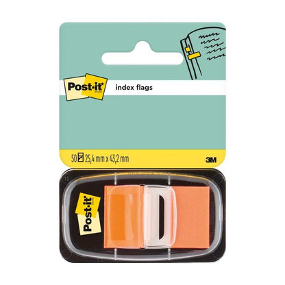Balenie Post-it® Index lepiacich štítkov, štandard (25,4 mm x 43,2 mm, 50 štítkov/dávkovač) od 3M Deutschland GmbH obsahuje oranžové a biele lepiace štítky. Na obale je zobrazené logo Post-it a údaje o veľkosti produktu.