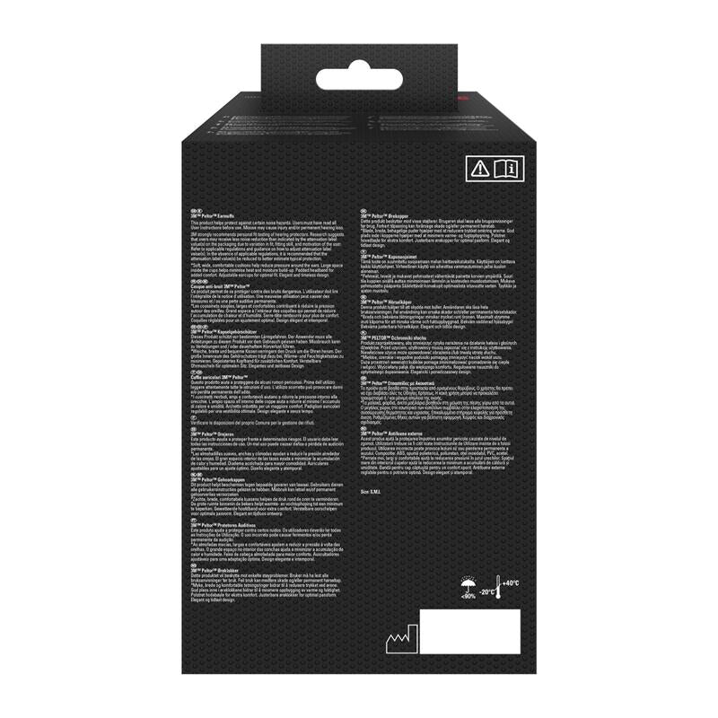 Krabica 3M™ PELTOR™ Optime™ II chrániče sluchu H520A (SNR 31 dB, zelené) zobrazuje viacjazyčné informácie, bezpečnostné symboly vpravo hore a oblasť čiarového kódu dole na bodkovanom čiernom pozadí. Značka: 3M Deutschland GmbH. Balenie obsahuje 1 kus.