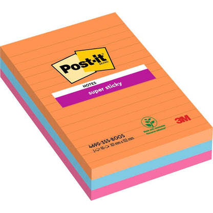 Stoh veľkých linajkových Post-it® Super Sticky Notes (101 mm x 152 mm, 90 listov/blok, 100% PEFC) v oranžovej, ružovej a modrej farbe od 3M Deutschland GmbH.