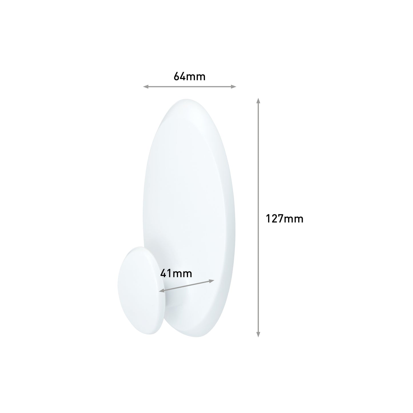 Der Command™ Kleider-Haken, 17019-FGN von 3M Deutschland GmbH, hat eine weiße, ovale Rückwand (127x64mm) und einen runden Haken (Ø41mm). Die Pfeile zeigen diese Abmessungen. Ideal für Wandbefestigung ohne Bohren.