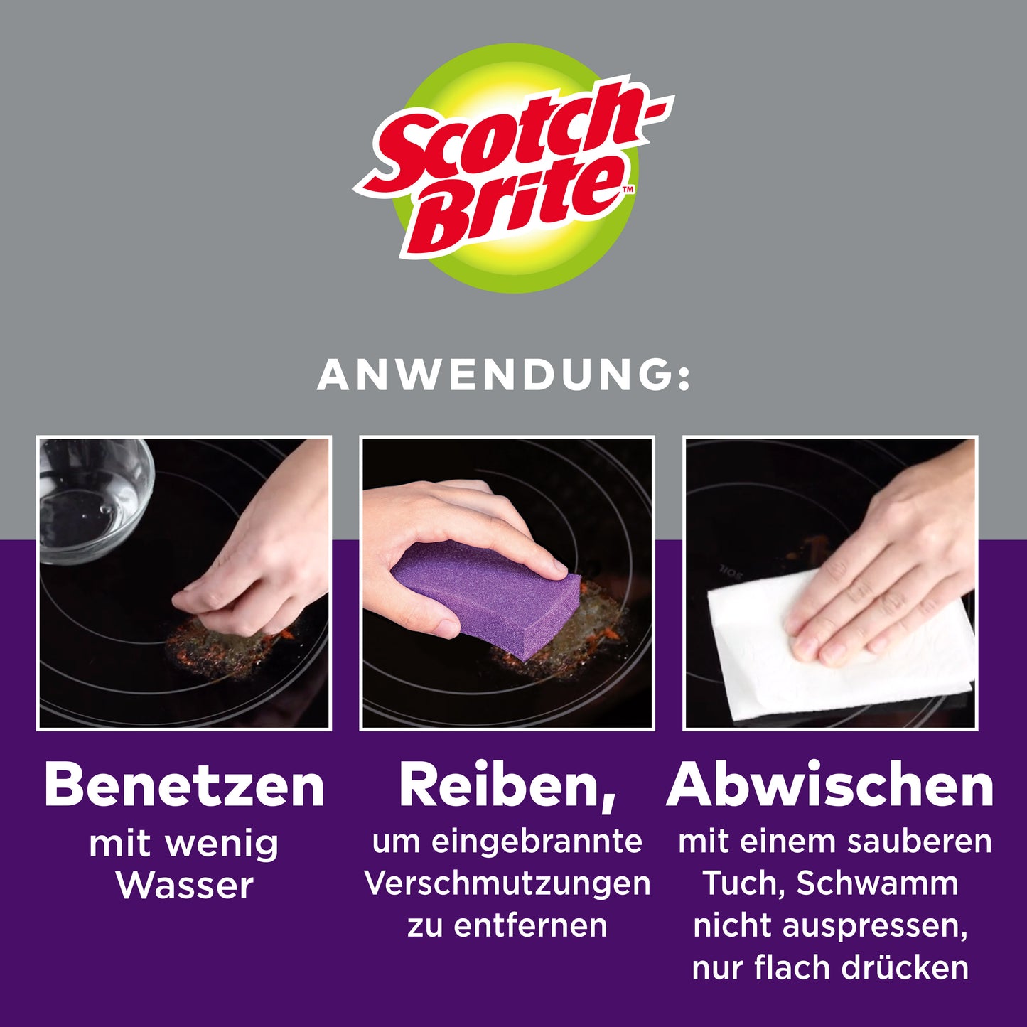 Drei Schritte zur Anwendung des Scotch-Brite™ Glaskeramik-Reinigungsschwammes (3 Stück pro Packung, 3M Deutschland GmbH): Oberfläche benetzen, Glaskeramik-Oberflächen mit dem violetten Schwamm schrubben und mit einem sauberen Tuch abwischen. Die Arbeitsschritte sind in deutscher Sprache beschrieben.