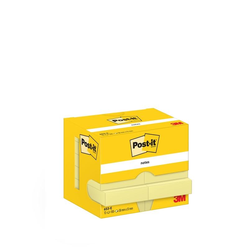 Žltá škatuľka poznámok Post-it® Notes od 3M Deutschland GmbH, 38 mm x 51 mm, obsahuje 12 blokov po 100 listov. Balené v kartóne s certifikátom PEFC (SGSCH-PEFC-COC-110078). Balenie zobrazuje logo a detaily na bielom pozadí.