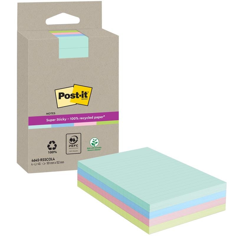 Zobrazené je balenie 3M Post-it® Super Sticky 100% recyklovaných poznámok od spoločnosti 3M Deutschland GmbH so štyrmi linajkovými blokmi (102 x 152 mm, každý po 45 listov) v rôznych farbách, ktoré sú všetky vyrobené z PEFC-certifikovaného recyklovaného papiera.