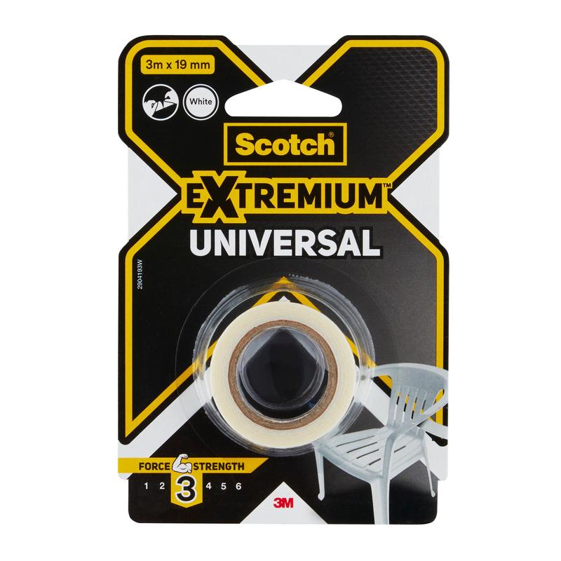 3 m x 19 mm rolka lepiacej pásky Scotch® Extremium™ Universal od 3M Deutschland GmbH, biela páska na plastovej cievke, zabalená v čiernej a žltej farbe s plastovou stoličkou zobrazenou vpravo dole.