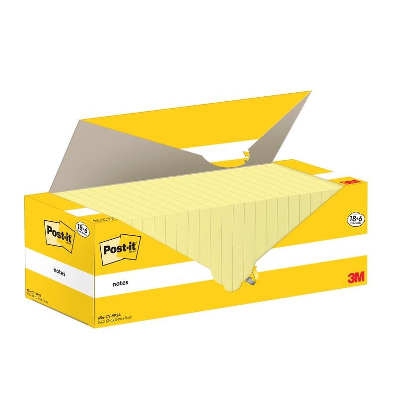 V otvorenej žlto-bielej škatuľke 3M Deutschland GmbH Post-it® Notes (76 mm x 76 mm, 100 listov/blok, 100% PEFC) sú naskladané viaceré žlté bloky; škatuľka obsahuje 18 blokov.