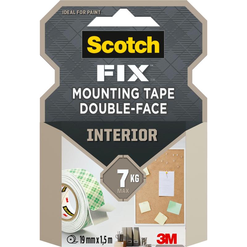 Balenie Scotch-FIX™ Dvojstranná interiérová montážna páska od 3M Deutschland GmbH, unesie až 7 kg, veľkosť role 19 mm x 1,5 m. Predná strana zobrazuje lepiacu pásku, kancelárske potreby, nástenku a logo 3M.