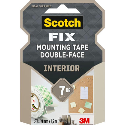 Balenie Scotch-FIX™ Dvojstranná interiérová montážna páska od 3M Deutschland GmbH, unesie až 7 kg, veľkosť role 19 mm x 1,5 m. Predná strana zobrazuje lepiacu pásku, kancelárske potreby, nástenku a logo 3M.