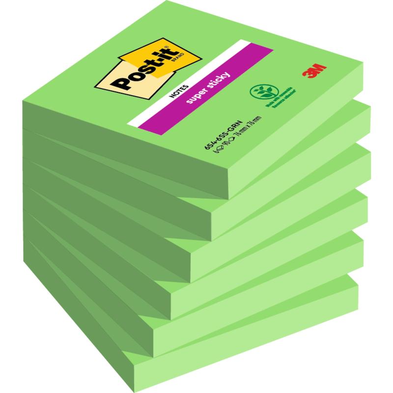 Stoh Post-it® Super Sticky Notes (76 mm x 76 mm, 90 listov/blok, 100% PEFC) od 3M Deutschland GmbH, šikmo usporiadaný, s etiketou vrchného bloku hore.