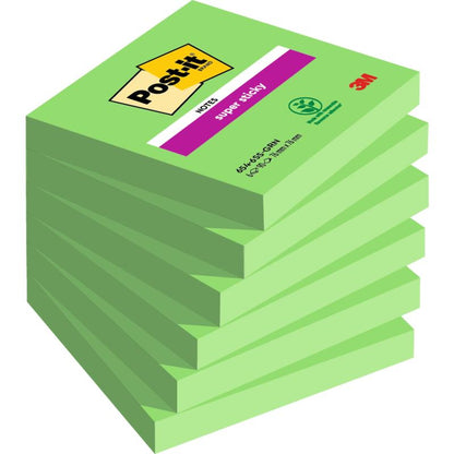 Stoh Post-it® Super Sticky Notes (76 mm x 76 mm, 90 listov/blok, 100% PEFC) od 3M Deutschland GmbH, šikmo usporiadaný, s etiketou vrchného bloku hore.