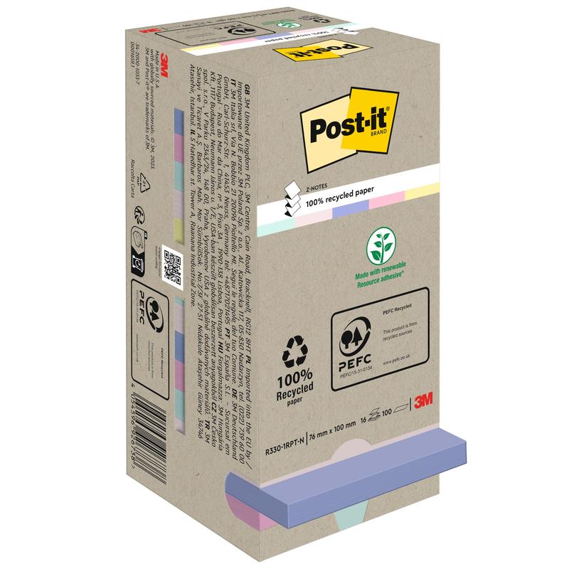 Škatuľa Post-it® Recycling Z-Notes (76 mm x 76 mm, 100% PEFC, 100 listov/blok) od 3M Deutschland GmbH. Béžový obal ukazuje ekologické symboly a pastelové lepiace poznámky na spodnom okraji s viditeľným logom 3M.
