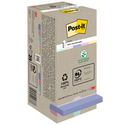 Škatuľa Post-it® Recycling Z-Notes (76 mm x 76 mm, 100% PEFC, 100 listov/blok) od 3M Deutschland GmbH. Béžový obal ukazuje ekologické symboly a pastelové lepiace poznámky na spodnom okraji s viditeľným logom 3M.
