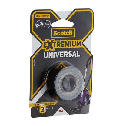Balenie univerzálnej lepiacej pásky 3M Deutschland GmbH Scotch® Extremium™, 3 m x 19 mm, čiernej, s pevnostnou úrovňou 3 na prednej strane; balenie v žltej, čiernej a bielej farbe.