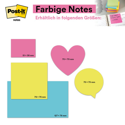 Obrázok ukazuje farebné Post-it® Notes z Beachside Collection od 3M Deutschland GmbH s 100% PEFC-certifikovanými blokmi v ružových (38x51 mm), žltých a modrých tvaroch, ružové srdce a žltú bublinu na rozprávanie.