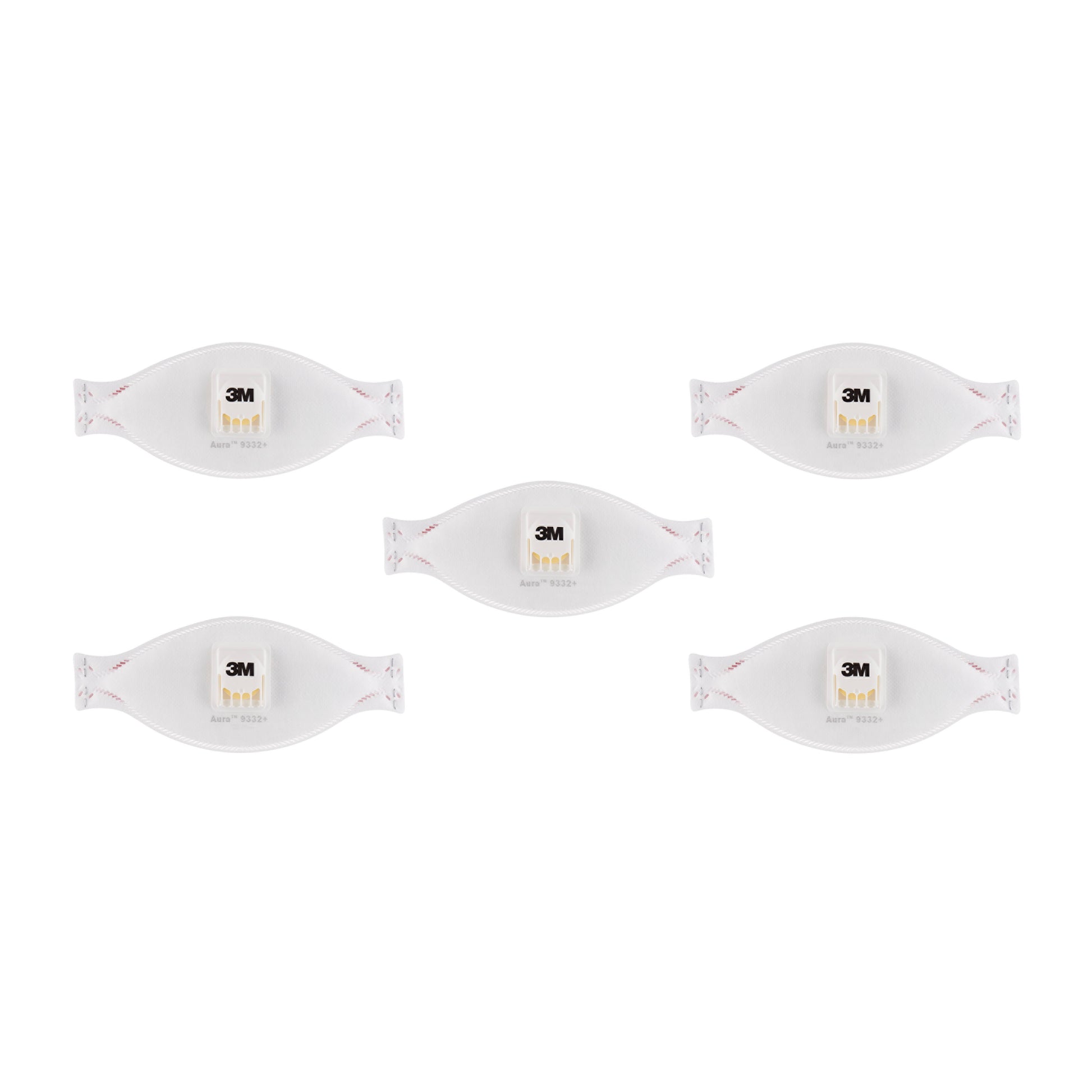 Fünf 3M™ Aura™ Comfort Cool Flow™ Partikelmasken 9332+, FFP3, mit Ventil von 3M Deutschland GmbH sind in zwei Reihen auf weißem Grund angeordnet und zeigen jeweils ein Zentralventil.