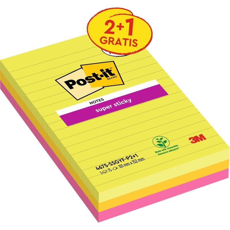 Trojbalenie Post-it® Super Sticky Notes vo veľkom formáte, linajkované (101x152 mm), v rôznych farbách od 3M Deutschland GmbH, s 75 listami na blok. Vyrobené zo 100% PEFC-certifikovaného papiera (SGSCH-PEFC-COC-110078).