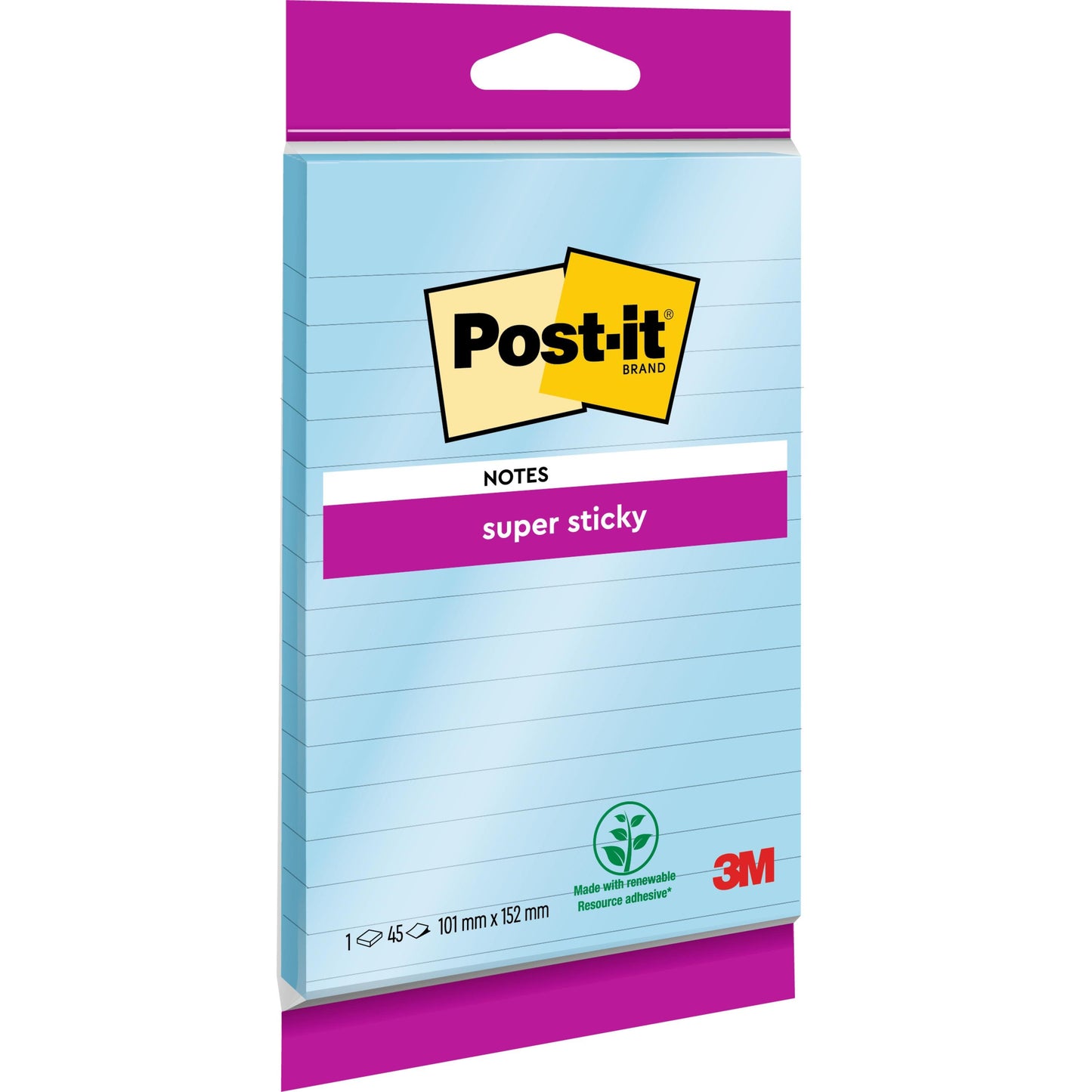 Eine Packung Post-it® Super Sticky Notes im Großformat, liniert (102 x 152 mm, 45 Blatt, 100% PEFC) von 3M Deutschland GmbH mit extra starkem Halt.