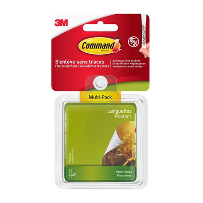 Balenie Command™ Poster-Strips (17024-VP) od 3M Deutschland GmbH obsahuje 48 lepiacich pásikov na upevnenie plagátov bez vŕtania, s viacfarebným balením a francúzsko-anglickým popisom.