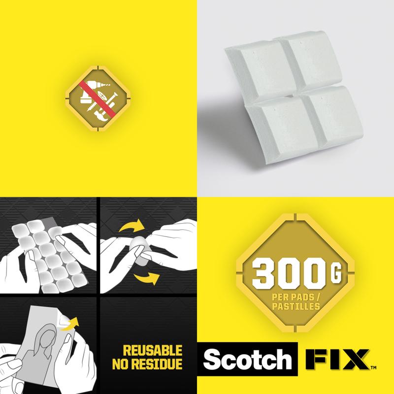 Reklamný obrázok pre odnímateľné lepiace podložky Scotch-FIX™ 301008C36-P (11x15 mm, 36 kusov/balenie) od spoločnosti 3M Deutschland GmbH zobrazuje biele podložky, návod na použitie, obmedzenie hmotnosti 300 g a text: "opakovane použiteľné, bez zvyškov, silno priľnavé.
