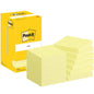 Žltá škatuľka Post-it® Notes od 3M Deutschland GmbH stojí vedľa dvanástich stohov žltých poznámkových lístkov (76x76mm, 100 listov/blok) v kartónovom balení (100% PEFC). Všetko je dôkladne usporiadané na bielom pozadí.