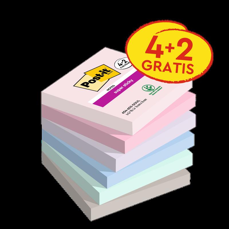 Post-it® Super Sticky Notes, Soulful Collection, 76 mm x 76 mm, Propagácia, 90 hárkov/blok, 4 bločky + 2 zadarmo/balenie, 100% PEFC, SGSCH-PEFC-COC-110078 | Balenie (6 kusov)