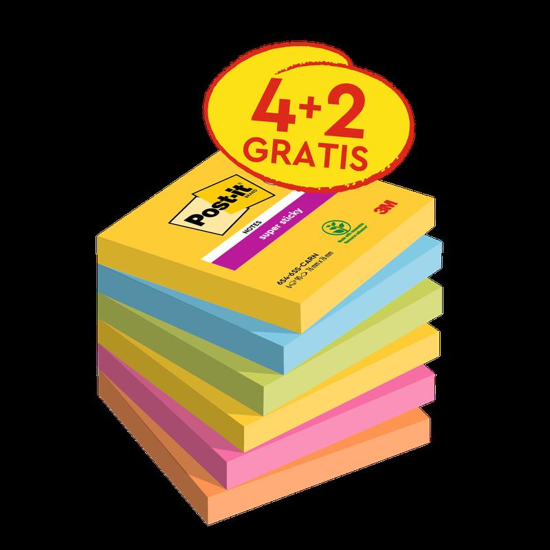 Post-it® Super Sticky Notes, Carnival Collection, 76 mm x 76 mm, Promotion, 90 listov/bloček, 4 bloky + 2 zadarmo/bal., 100% PEFC, SGSCH-PEFC-COC-110078 | Balenie (6 kusov)