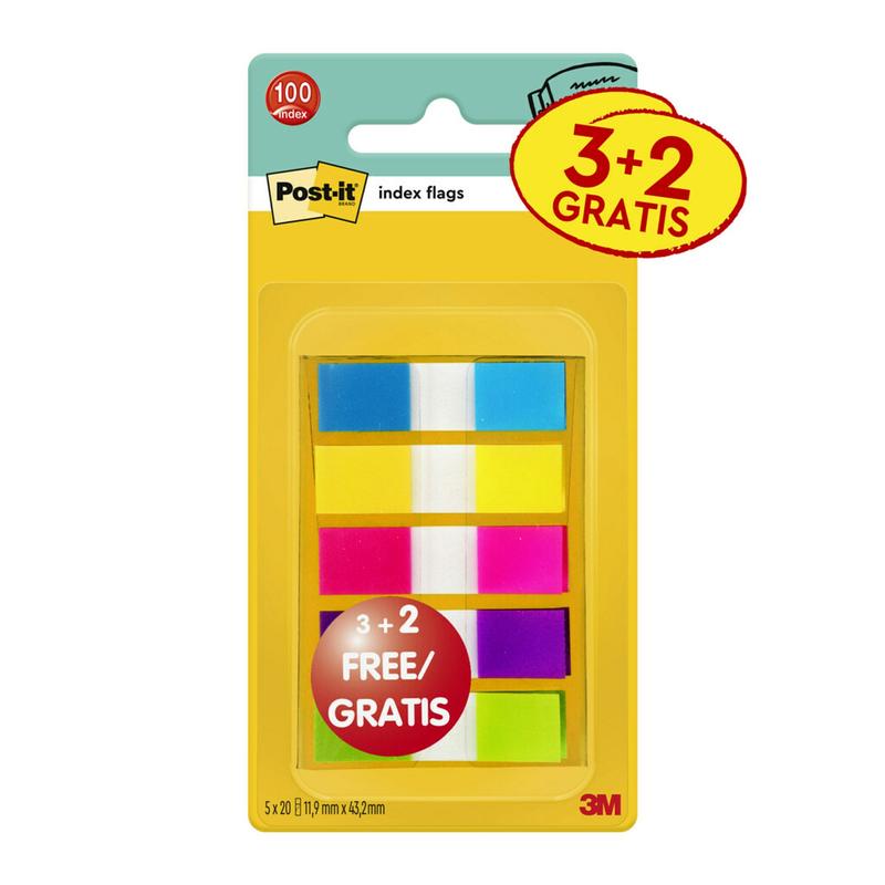 Post-it® Index lepiace prúžky, mini, rôzne farby, 11,9 mm x 43,2 mm, propagácia, 60 lepiacich prúžkov + 40 zadarmo/zásobník, 1 zásobník/balenie | Balenie (5 kusov)