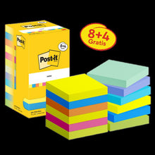 Post-it® bločky, energetická kolekcia, 76 mm x 76 mm, propagácia, 90 listov/bloček, 8 podložiek + 4 zadarmo/balenie, kartónové balenie, 100 % PEFC, SGSCH-PEFC-COC-110078 | Balenie (12 kusov)