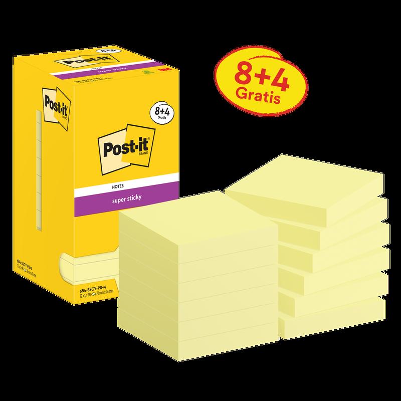 Samolepiace bločky Post-it®, žlté, 76 mm x 76 mm, propagácia, 90 listov/bloček, 8 podložiek + 4 zadarmo/balenie, kartónové balenie, 100% PEFC, SGSCH-PEFC-COC-110078 | Balenie (12 kusov)