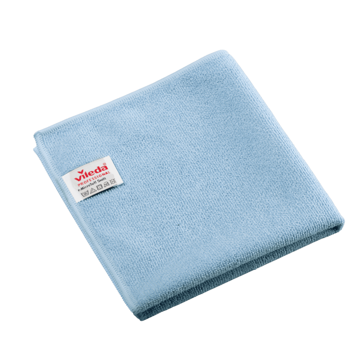 Zložená modrá utierka z mikrovlákna Vileda Professional r-MicroTuff Swift s všitým bielym štítkom, na ktorom je uvedený názov značky a symboly údržby.