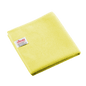 Zložená žltá utierka z mikrovlákna Vileda Professional r-MicroTuff Swift s všitou bielou etiketou.