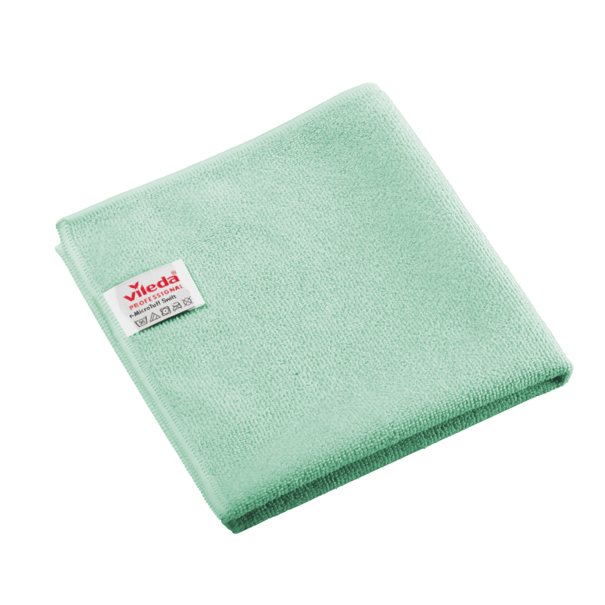 Zložená zelená utierka z mikrovlákna Vileda Professional r-MicroTuff Swift s všitou bielou etiketou.