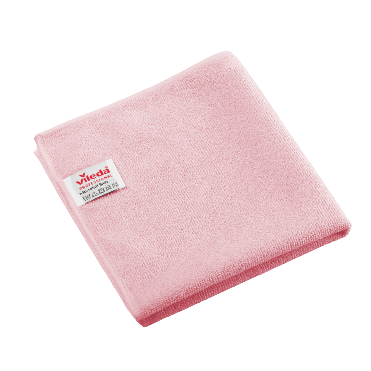 Zložená červená utierka z mikrovlákna Vileda Professional r-MicroTuff Swift s všitou bielou etiketou.
