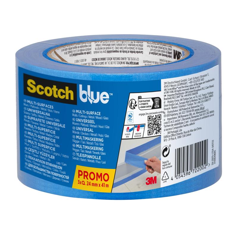 ScotchBlue™ viacvrstvová maliarska maskovacia páska, 24 mm x 41 m, 3 kotúče/balenie, 100% PEFC, SGSCH-PEFC-COC-110078 | Balenie (3 rolky)