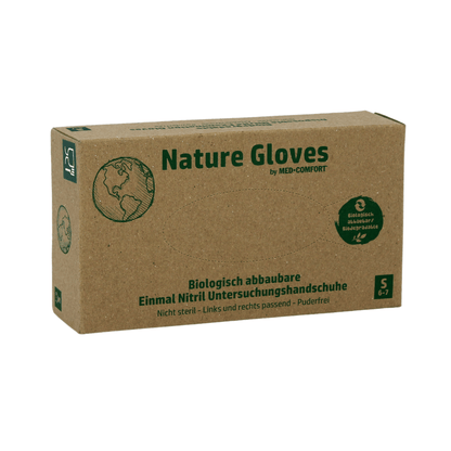 Karton s biologicky rozložiteľnými nitrilovými vyšetrovacími rukavicami od AMPri Nature Gloves, v nemčine s nápisom „Nitrilhandschuhe Biologisch abbaubar“ a symbolom, ktorý označuje, že sú biologicky rozložiteľné. Kartón obsahuje bezpúdrové rukavice veľkosti Small (6-7) od AMPri Handelsgesellschaft mbH.