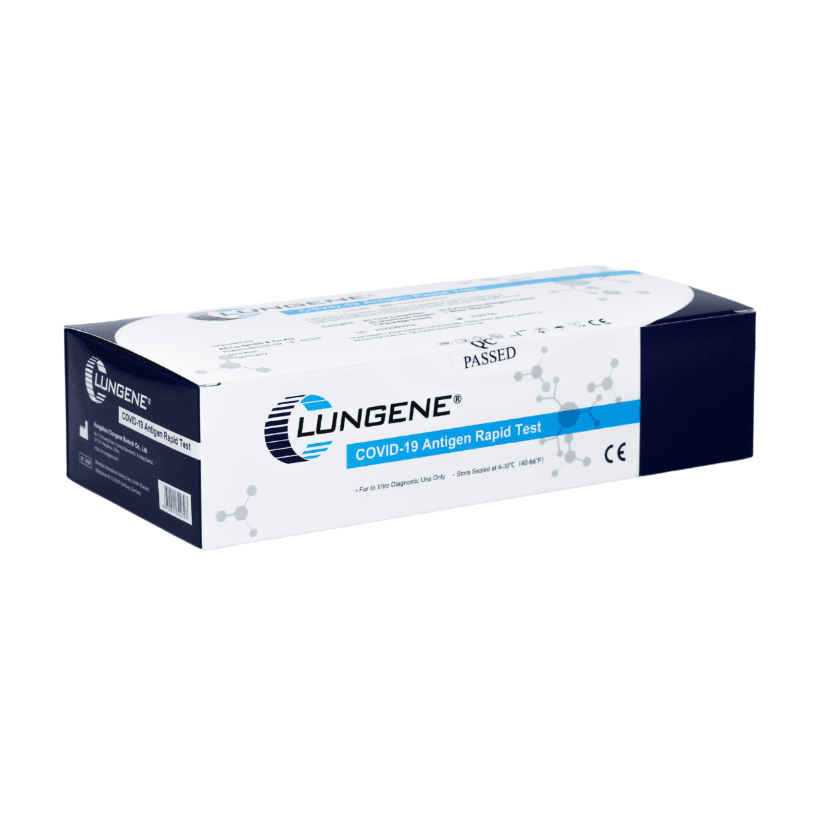 Eine versiegelte Schachtel mit dem Clungene Antigen Schnelltest 25 Stück AT079/20, überwiegend weiß mit blauen Akzenten, mit Zertifizierungs- und Verwendungsinformationen.