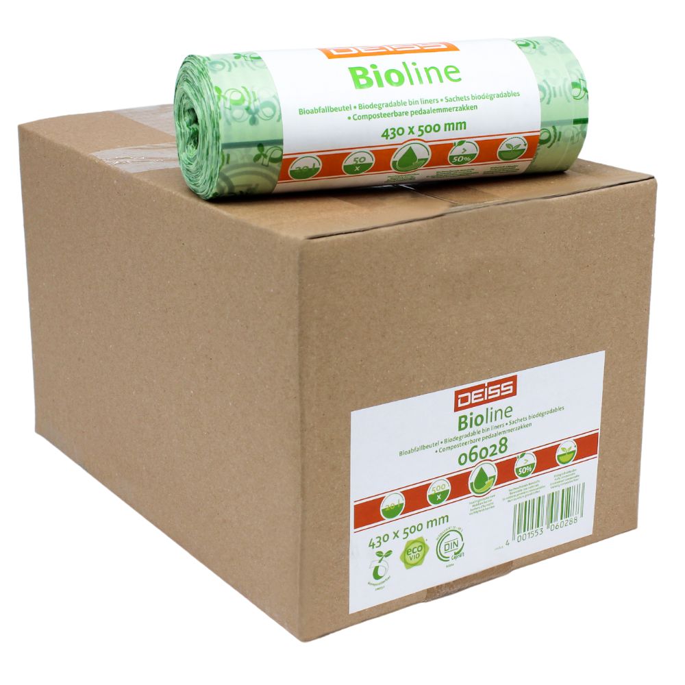 Kartón s nápisom „EMIL DEISS KG (GmbH + Co.)“ a rolka zelených, 100% kompostovateľných bioodpadových vreciek na ňom. Vrecká sú označené „430 x 500 mm“, čo odráža ich rozmery. Oba výrobky sú prezentované na jednoduchom bielom pozadí.