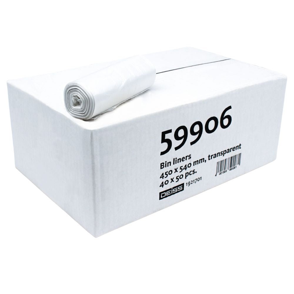 Kartón s DEISS HDPE vreckami na odpadky s objemom 20 litrov, označený kódom „59906“, obsahuje biele vrecká na odpadky z recyklovaného materiálu. Kartón má rozmery 450 x 540 mm a obsahuje 40 roliek, pričom každá rola sa skladá z 50 kusov, čo zdôrazňuje ich vysokú elasticitu fólie. Jedna rola je zobrazená na vrchu kartónu. Tento produkt je poskytovaný spoločnosťou EMIL DEISS KG (GmbH + Co.).