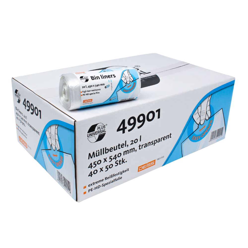 V kartóne s nápisom „DEISS Universal Plus® Vrecká na odpad 20 litrov, 49901“ sa nachádza rolka priehľadných vreciek na odpad. Tieto odolné 20-litrové vrecká majú rozmery 450 x 540 mm a sú vyrobené zo špeciálnej HDPE fólie. Balenie zdôrazňuje funkcie DEISS Universal Plus v niekoľkých jazykoch a bolo vyrobené spoločnosťou EMIL DEISS KG (GmbH + Co.).