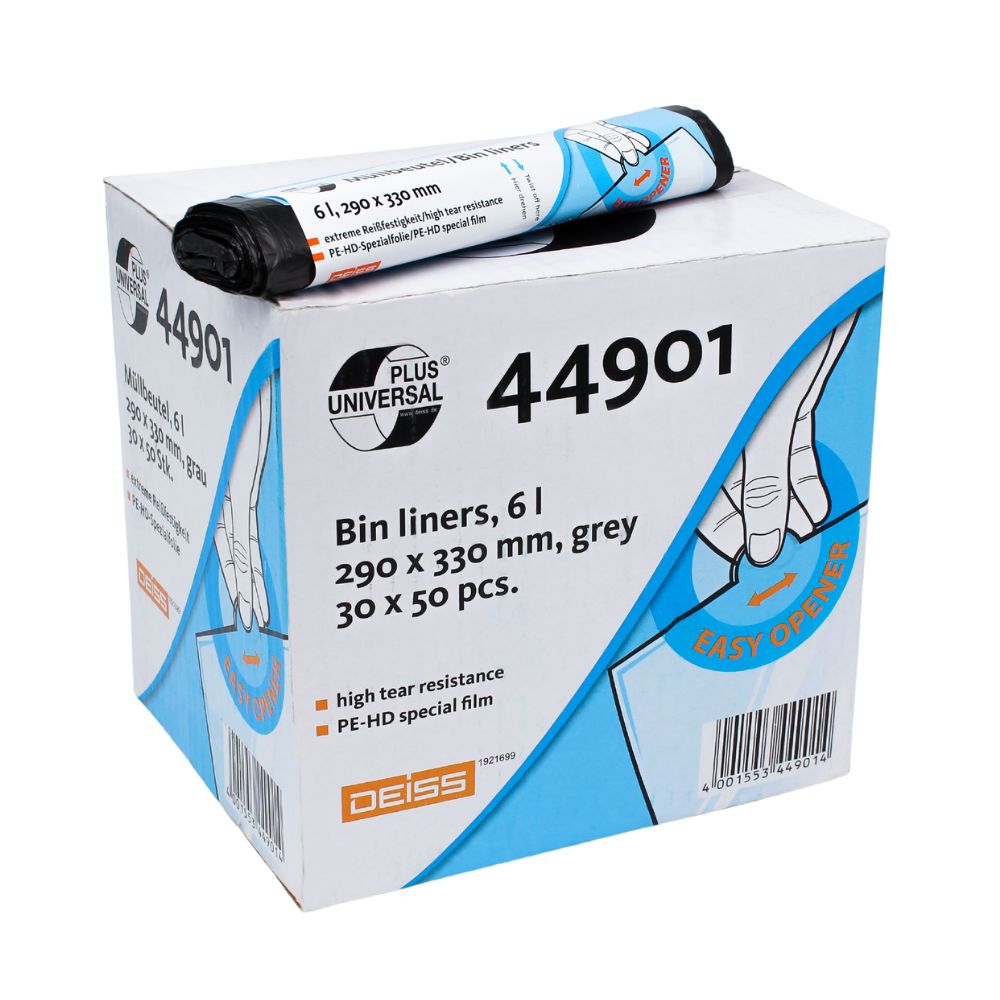Vidieť je kartón DEISS Universal Plus® vrecia na odpad 6 litrov, 44901 od EMIL DEISS KG (GmbH + Co.), ktorý obsahuje 50 sivých plastových vreciek zo špeciálnej HDPE fólie s rozmermi 290 x 330 mm. Balenie zdôrazňuje svoju „vysokú pevnosť v ťahu“ a „ľahko otvárateľné“ vlastnosti. Na kartóne je položená jedna rolka týchto vriec.